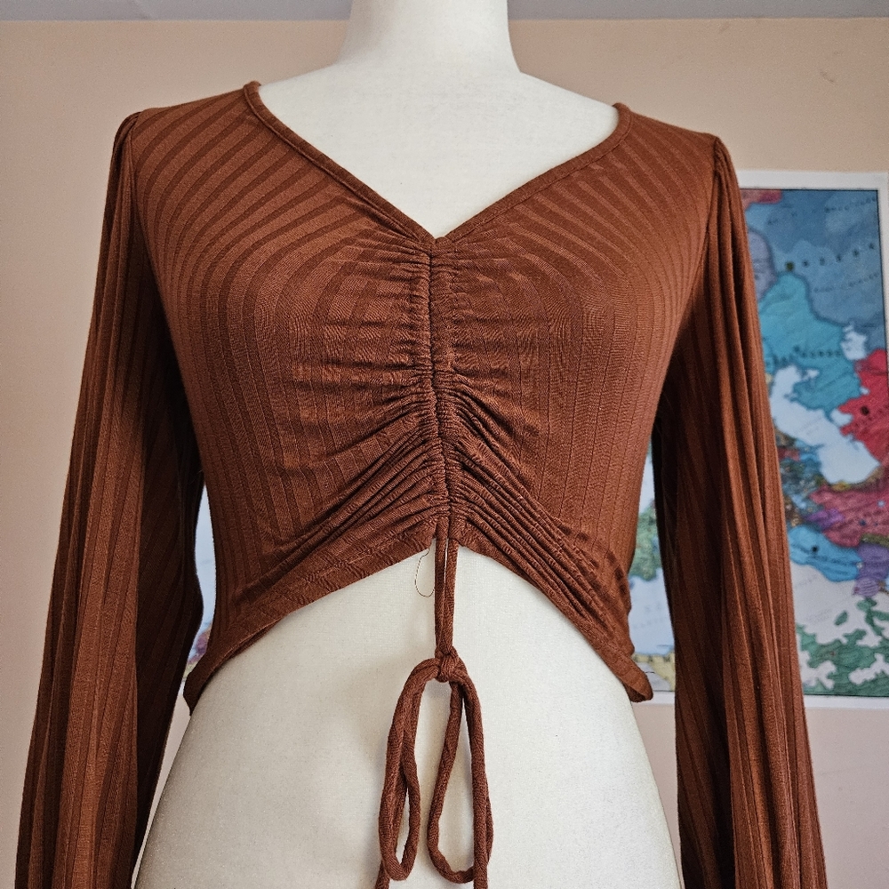 Rust Orange Ribbed Drawstring Top small - Picture 5 of 8